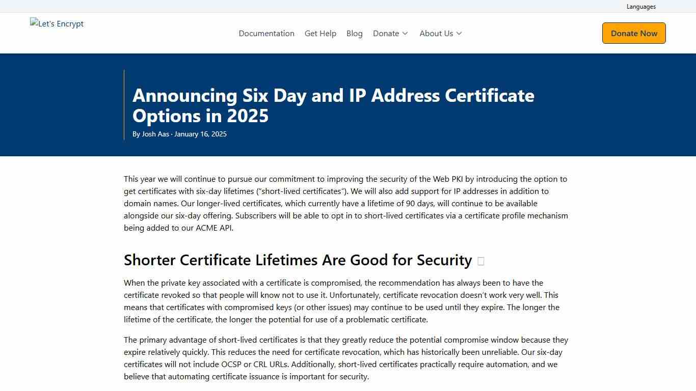 Announcing Six Day and IP Address Certificate Options in 2025 - Let's Encrypt
