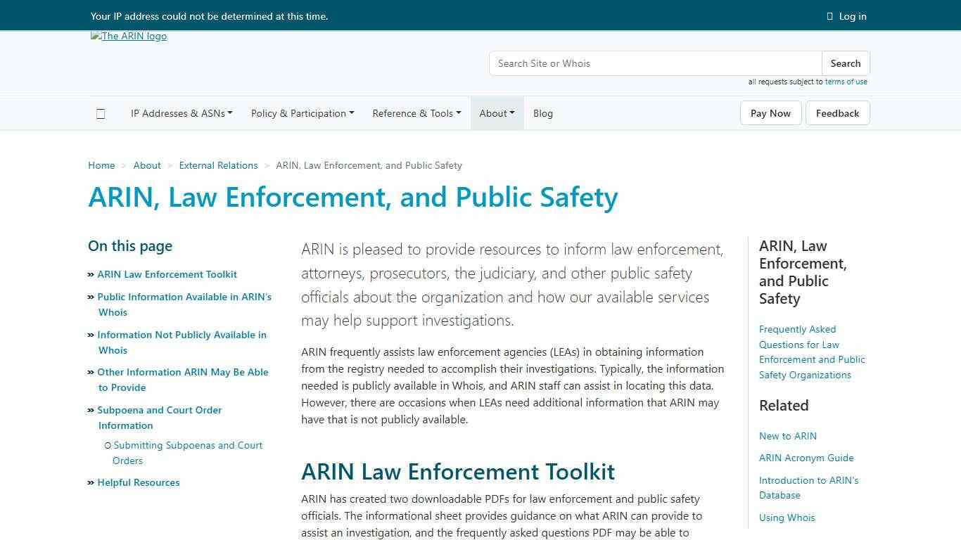 ARIN, Law Enforcement, and Public Safety - American Registry for Internet Numbers