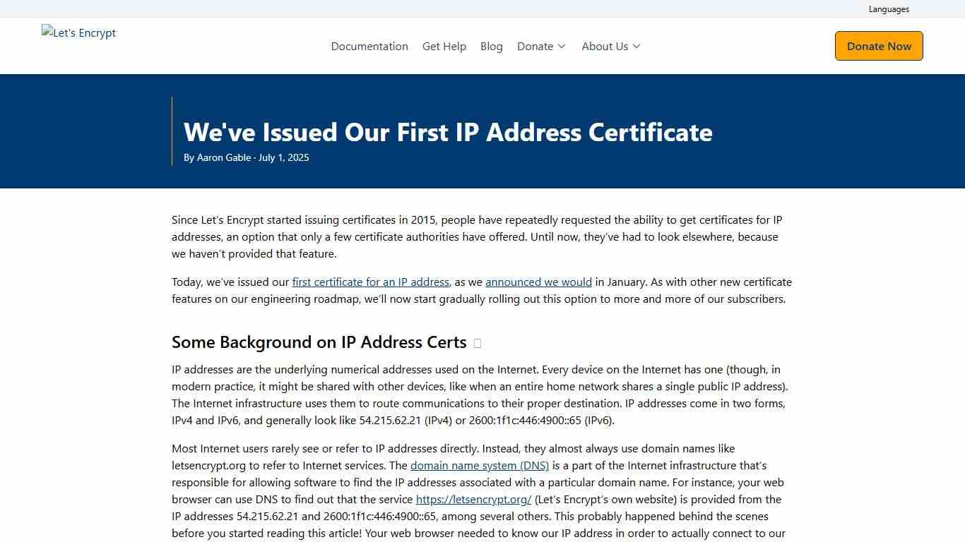 We've Issued Our First IP Address Certificate - Let's Encrypt